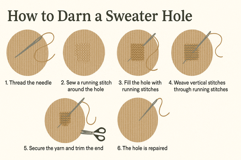 A step-by-step visual guide on how to darn a sweater hole by hand